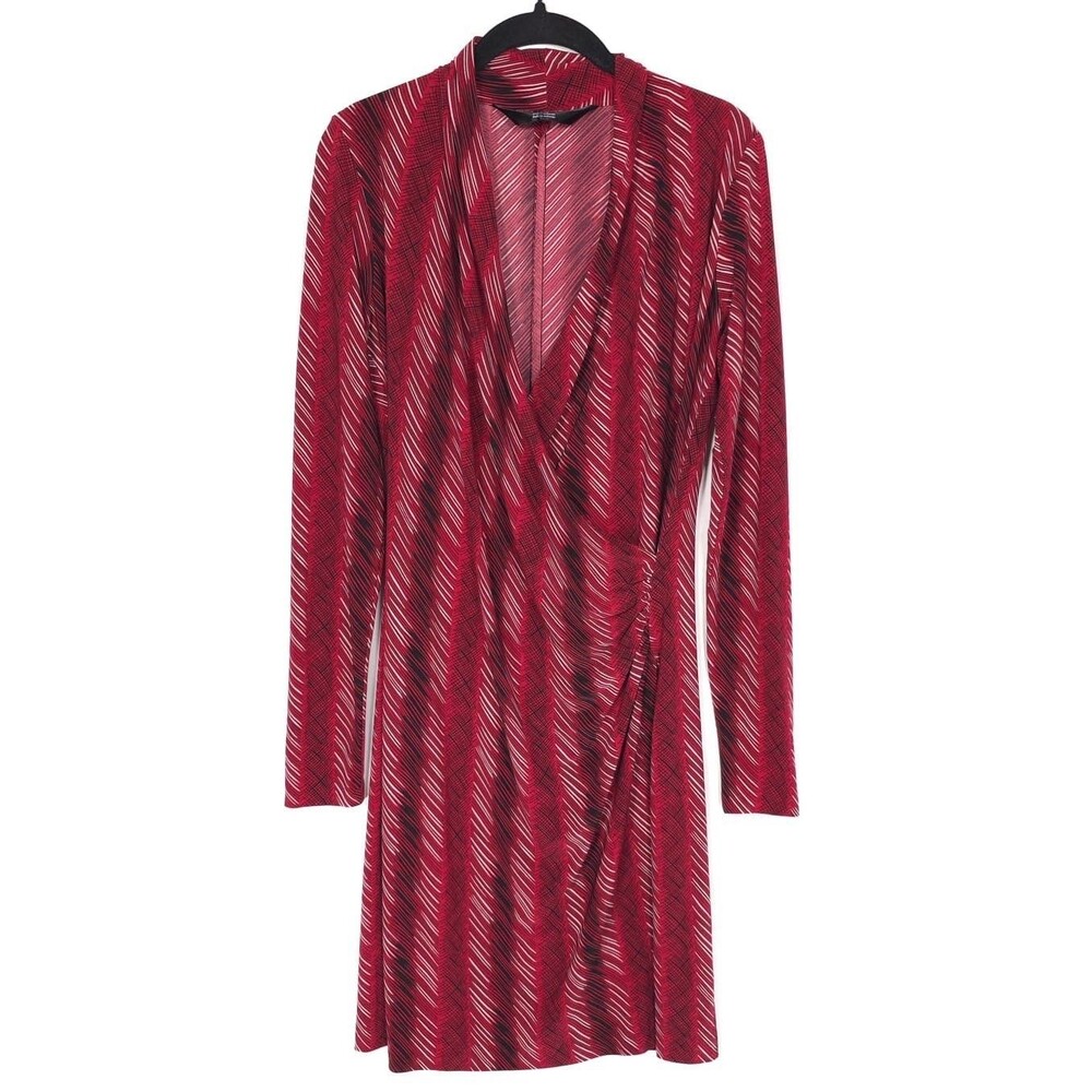 Norma Kamali‎ Dress Women’s MEDIUM Red Slinky Long Sleeve Faux Wrap Printed